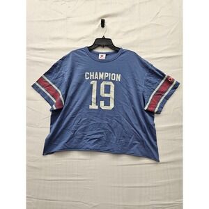 Champion Womens Distressed Half Cropped Tee Blue Varsity Graphic 1X